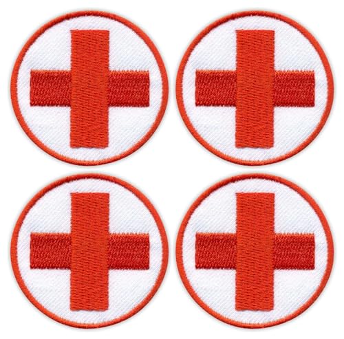 4er Set – Medizinischer Medic Patch – rund mit einem roten Kreuz – zum Aufnähen – bestickter Aufnäher / Abzeichen / Emblem von Patchion