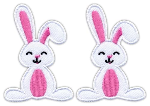 Aufnäher, Motiv: Weißer Hase mit rosa Bauch, zum Aufbügeln auf der Rückseite, bestickt, 2 Stück von Patchion