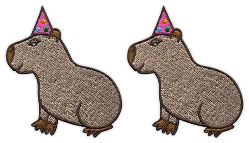 Capybara mit Partyhut zum Aufnähen, bestickt, 2 Stück von Patchion