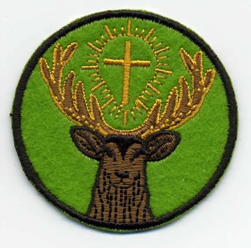 Patchion: Runder bestickter Aufnäher, Motiv: St. Hubert, der heilige Schutzpatron der Jäger, 5,7 cm, zum Aufnähen oder Aufbügeln (grüner Oliven-Hintergrund) von Patchion