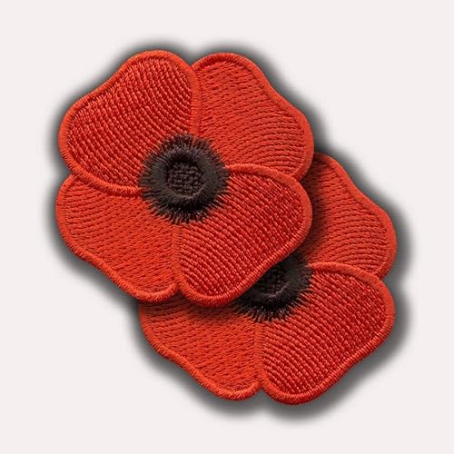 Rote Mohnblume – Symbol der Erinnerung an den Ersten Weltkrieg – Set mit zwei Cotillions – bestickter Aufnäher/Abzeichen/Emblem – 4,8 cm (5 cm) – VeIcro – Klettverschluss-Rückseite von Patchion