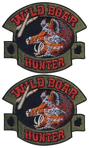 Set mit 2 Aufnähern, Wildschweinjäger – zum Aufbügeln auf der Rückseite – bestickter Aufnäher/Abzeichen/Emblem von Patchion