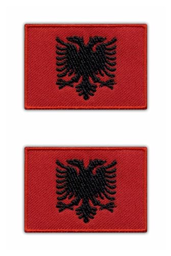 Set mit 2 Stück – Flagge von Albanien – Schwarz VeIcro/Klettverschluss-Rückseite – bestickter Aufnäher/Abzeichen/Emblem Set mit 2 Stück – Flagge von Albanien – Schwarz VeIcro/Klettverschluss-Rückseite – bestickter Aufnäher/Abzeichen/Emblem von Patchion