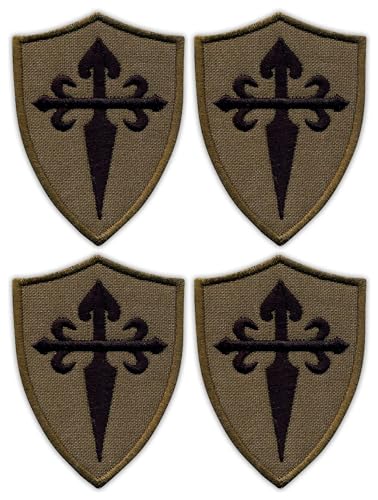 Set mit 4 – Schwarzes Kreuz des Heiligen Jakobus auf dem dunklen Olivenschild – schwarzes VeIcro/Klettverschluss-Rückseite – bestickter Aufnäher/Abzeichen/Emblem von Patchion