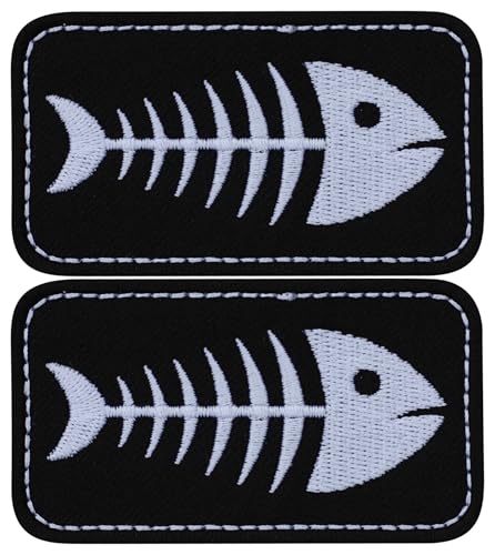 Set mit zwei Fischgräten – weiße Knochen, Skelett auf schwarzem Hintergrund – zum Aufbügeln auf der Rückseite – bestickter Aufnäher/Abzeichen/Emblem von Patchion