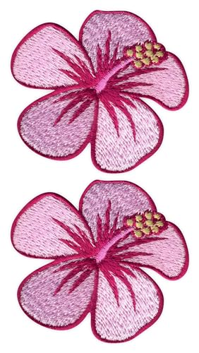 Set mit zwei Hibiskusblüten – Rosa – zum Aufbügeln auf der Rückseite – bestickter Aufnäher/Abzeichen/Emblem von Patchion