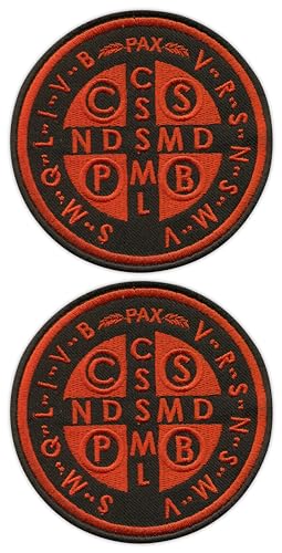 Set mit zwei – Medaille des Heiligen Benedikt – Rückseite – Schwarz und Rot Version – zum Aufnähen – bestickt von Patchion
