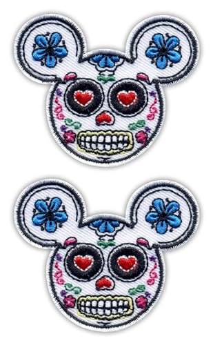 Set mit zwei – Mickey Mouse Skull Muerte – Schwarz VeIcro/Klettverschluss-Rückseite – bestickter Aufnäher/Abzeichen/Emblem von Patchion