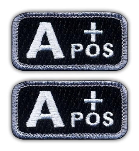 Set von zwei – Blutgruppe A "POS" schwarz/weiß – Aufbügel/Heißsiegelrückseite – bestickter Aufnäher/Abzeichen/Emblem von Patchion