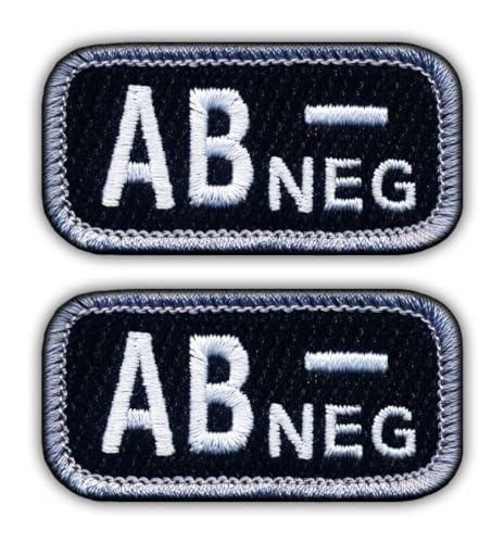 Set von zwei – Blutgruppe AB "Neg" schwarz/weiß – schwarz VeIcro/Klettverschluss-Rückseite – bestickter Aufnäher/Abzeichen/Emblem von Patchion