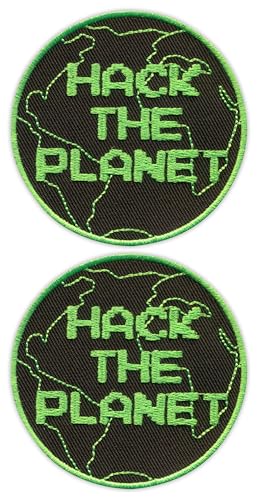 Set von zwei – Hack The Planet – Aufbügel/Heißsiegelrückseite – bestickter Aufnäher/Abzeichen/Emblem von Patchion