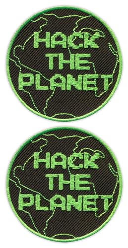 Set von zwei – Hack The Planet – Schwarz VeIcro/Klettverschluss-Rückseite – gestickter Aufnäher/Abzeichen/Emblem Set von zwei – Hack The Planet – Schwarz VeIcro/Klettverschluss-Rückseite – gestickter Aufnäher/Abzeichen/Emblem von Patchion