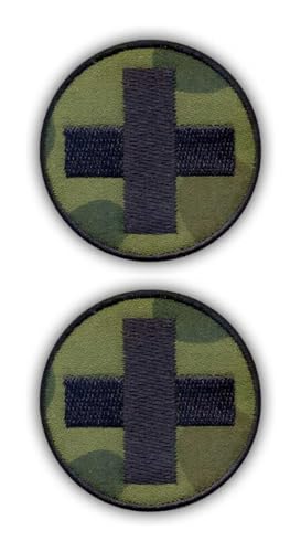 Set von zwei – Medical Medic Patch – Runde Tarnung mit einem schwarzen Kreuz – Aufnäher – Bestickter Aufnäher/Abzeichen/Emblem von Patchion