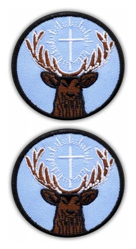 Set von zwei – Symbol des heiligen Hubert – Schutzpatron der Jäger – blauer Hintergrund – Aufnäher – bestickt Set von zwei – Symbol des heiligen Hubert – Schutzpatron der Jäger – blauer Hintergrund – Aufnäher – bestickt von Patchion