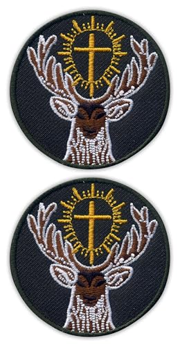 Set von zwei – Symbol des heiligen Hubert – Schutzpatron der Jäger – dunkelgrüner Hintergrund – Aufbügel/Heißsiegelrückseite – bestickter Aufnäher/Abzeichen/Emblem von Patchion