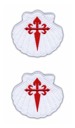 Set von zwei – Weiße Muschel mit rotem Kreuz – Symbol des heiligen Jakobus – schwarzes VeIcro/Klettverschluss-Rückseite – bestickter Aufnäher/Abzeichen/Emblem von Patchion