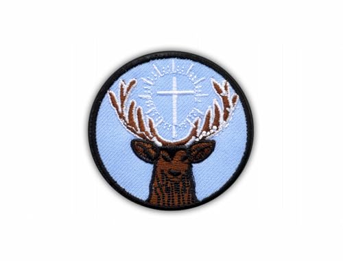 Symbol des heiligen Hubert – Schutzpatron der Jäger – blauer Hintergrund – magnetische Rückseite – bestickter Aufnäher/Abzeichen/Emblem von Patchion