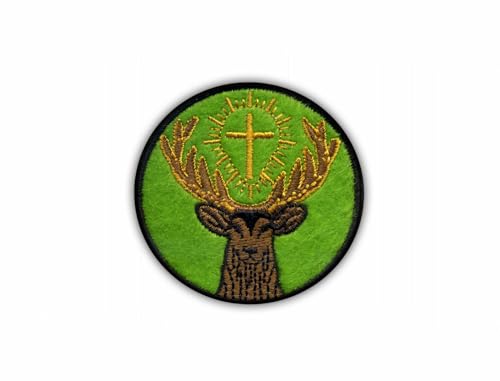 Symbol des heiligen Huberts – Schutzpatron der Jäger – grüner Hintergrund – zum Aufbügeln auf der Rückseite – bestickter Aufnäher/Abzeichen/Emblem von Patchion