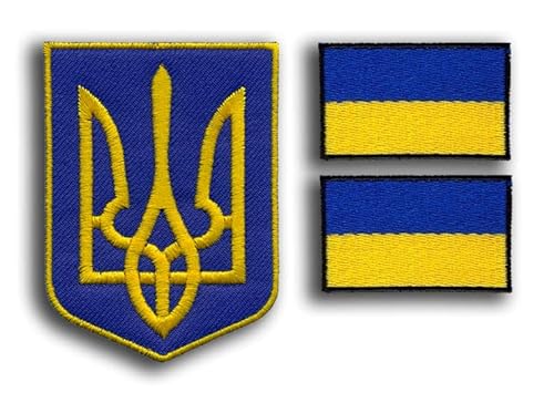 Patchion - 2x Ukraine-Flagge, 5,5 x 3,5 cm & 1x Wappen, 5,3 x 7,4 cm - Aufbügeln/Aufnähen - Baumwolle - Mittel - National Symbols - Flagge - Aufnäher von Patchion