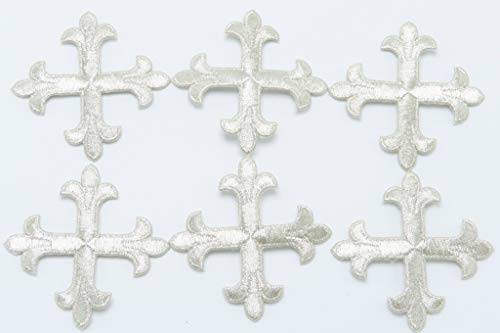 Bestickter Kreuz-Aufnäher zum Aufbügeln, gleiches lateinisches Kreuz, 6 Stück (Metallic-Silber, 7,6 x 7,6 cm) von Patchwork Panda
