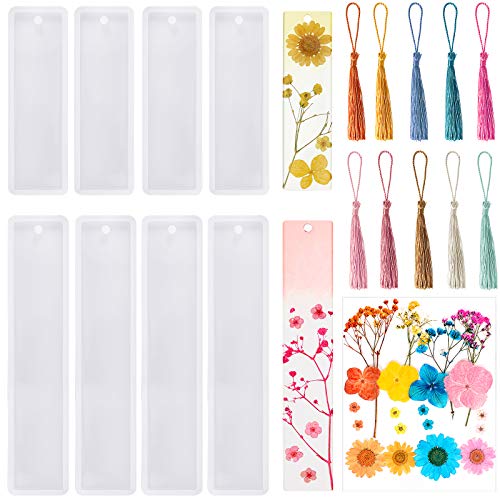 Lesezeichen-Harzform-Set, inklusive rechteckiger Lesezeichen, Silikonform, Epoxidharz, Schmuckform mit bunten Quasten und getrockneten Blumen für Schmuck, DIY, Lesezeichen, 8 Stück von Patelai