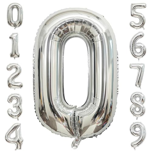 PatiCool Zahlen Luftballon 0 Silber, 40 Zoll Luftballons Geburtstag, Folienballon 0 Silber Geburtstagsdeko, Helium Ballons Zahlen 0 für Frau Mann Jahrestag Deko Geburtstags von PatiCool