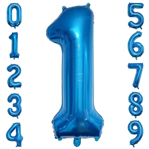 PatiCool Zahlen Luftballon 1 Blau, 40 Zoll Luftballons Geburtstag, Folienballon 1 Blau Geburtstagsdeko, Helium Ballons Zahlen 1 für Frau Mann Jahrestag Deko Geburtstags von PatiCool