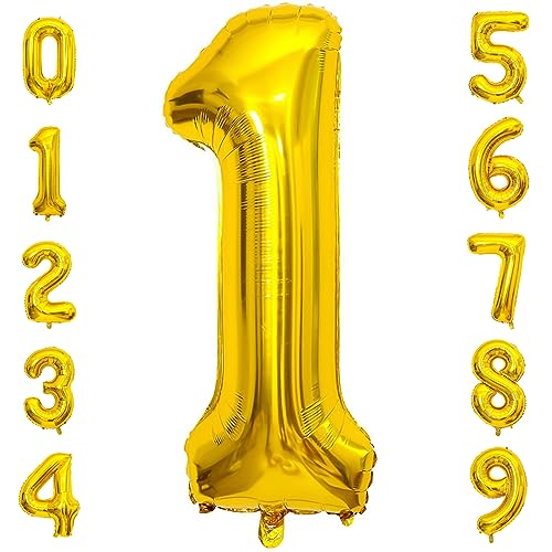 PatiCool Zahlen Luftballon 1 Gold, 40 Zoll Luftballons Geburtstag, Folienballon 1 Gold Geburtstagsdeko, Helium Ballons Zahlen für Kinder, Junge, Mädchen von PatiCool