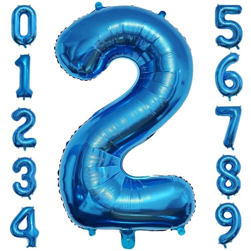 PatiCool Zahlen Luftballon 2 Blau, 40 Zoll Luftballons Geburtstag, Folienballon 2 Blau Geburtstagsdeko, Helium Ballons Zahlen 2 für Frau Mann Jahrestag Deko Geburtstags von PatiCool