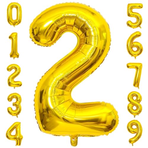 PatiCool Zahlen Luftballon 2 Gold, 40 Zoll Luftballons Geburtstag, Folienballon 2 Gold Geburtstagsdeko, Helium Ballons Zahlen für Kinder, Junge, Mädchen von PatiCool