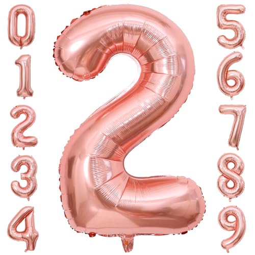 PatiCool Zahlen Luftballon 2 Rosegold, 40 Zoll Luftballons Geburtstag, Folienballon 2 Rosegold Geburtstagsdeko, Helium Ballons Zahlen für Kinder, Junge, Mädchen von PatiCool