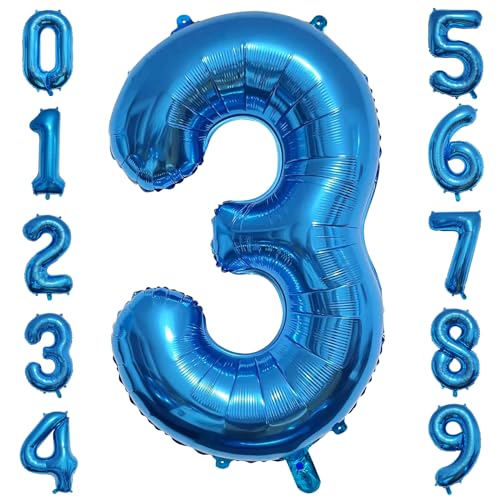 PatiCool Zahlen Luftballon 3 Blau, 40 Zoll Luftballons Geburtstag, Folienballon 3 Blau Geburtstagsdeko, Helium Ballons Zahlen 3 für Frau Mann Jahrestag Deko Geburtstags von PatiCool