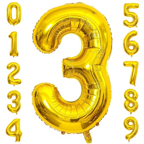 PatiCool Zahlen Luftballon 3 Gold, 40 Zoll Luftballons Geburtstag, Folienballon 3 Gold Geburtstagsdeko, Helium Ballons Zahlen für Kinder, Junge, Mädchen von PatiCool