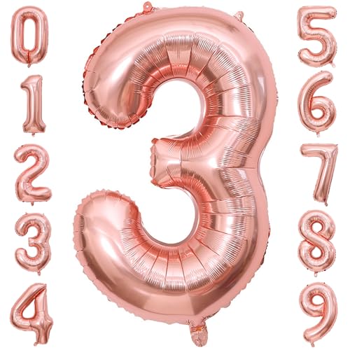 PatiCool Zahlen Luftballon 3 Rosegold, 40 Zoll Luftballons Geburtstag, Folienballon 3 Rosegold Geburtstagsdeko, Helium Ballons Zahlen für Kinder, Junge, Mädchen von PatiCool