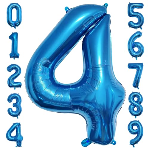 PatiCool Zahlen Luftballon 4 Blau, 40 Zoll Luftballons Geburtstag, Folienballon 4 Blau Geburtstagsdeko, Helium Ballons Zahlen 4 für Frau Mann Jahrestag Deko Geburtstags von PatiCool