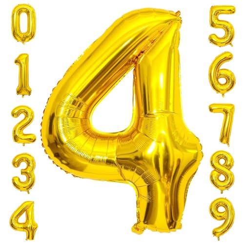 PatiCool Zahlen Luftballon 4 Gold, 40 Zoll Luftballons Geburtstag, Folienballon 4 Gold Geburtstagsdeko, Helium Ballons Zahlen für Kinder, Junge, Mädchen von PatiCool
