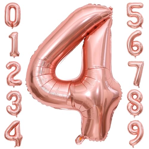 PatiCool Zahlen Luftballon 4 Rosegold, 40 Zoll Luftballons Geburtstag, Folienballon 4 Rosegold Geburtstagsdeko, Helium Ballons Zahlen für Kinder, Junge, Mädchen von PatiCool