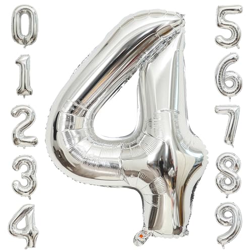PatiCool Zahlen Luftballon 4 Silber, 100cm - 40 Zoll Luftballons Geburtstag, XXL Riesen Folienballon 4 Silber Geburtstagsdeko, Helium Ballons Zahlen 4 für Frau Mann Jahrestag Deko PatiCool Zahlen Luftballon 4 Silber, 100cm - 40 Zoll Luftballons Geburtstag, XXL Riesen Folienballon 4 Silber Geburtstagsdeko, Helium Ballons Zahlen 4 für Frau Mann Jahrestag Deko von PatiCool