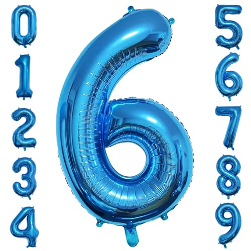 PatiCool Zahlen Luftballon 6 Blau, 40 Zoll Luftballons Geburtstag, Folienballon 6 Blau Geburtstagsdeko, Helium Ballons Zahlen 6 für Frau Mann Jahrestag Deko Geburtstags von PatiCool