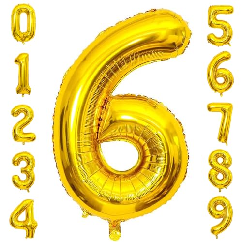 PatiCool Zahlen Luftballon 6 Gold, 40 Zoll Luftballons Geburtstag, Folienballon 6 Gold Geburtstagsdeko, Helium Ballons Zahlen für Kinder, Junge, Mädchen von PatiCool