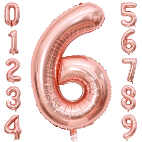 PatiCool Zahlen Luftballon 6 Rosegold, 40 Zoll Luftballons Geburtstag, Folienballon 6 Rosegold Geburtstagsdeko, Helium Ballons Zahlen für Kinder, Junge, Mädchen von PatiCool