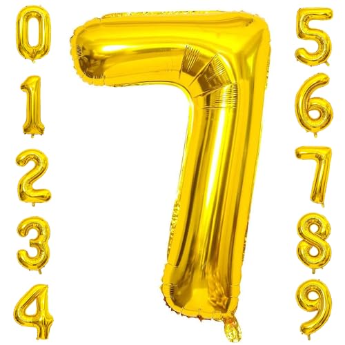 PatiCool Zahlen Luftballon 7 Gold, 40 Zoll Luftballons Geburtstag, Folienballon 7 Gold Geburtstagsdeko, Helium Ballons Zahlen für Kinder, Junge, Mädchen von PatiCool