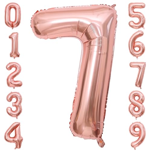 PatiCool Zahlen Luftballon 7 Rosegold, 40 Zoll Luftballons Geburtstag, Folienballon 7 Rosegold Geburtstagsdeko, Helium Ballons Zahlen für Kinder, Junge, Mädchen von PatiCool