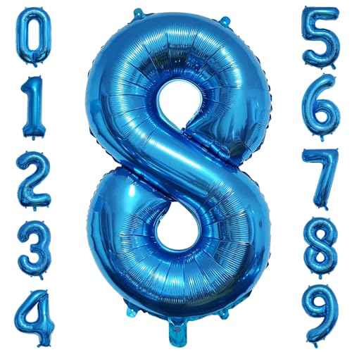 PatiCool Zahlen Luftballon 8 Blau, 40 Zoll Luftballons Geburtstag, Folienballon 8 Blau Geburtstagsdeko, Helium Ballons Zahlen 8 für Frau Mann Jahrestag Deko Geburtstags von PatiCool
