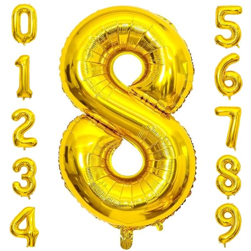 PatiCool Zahlen Luftballon 8 Gold, 40 Zoll Luftballons Geburtstag, Folienballon 8 Gold Geburtstagsdeko, Helium Ballons Zahlen für Kinder, Junge, Mädchen von PatiCool