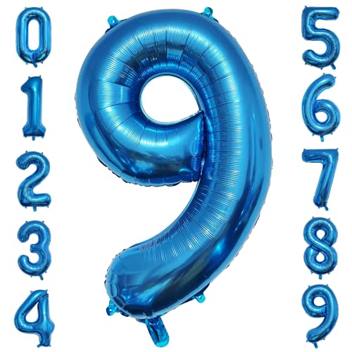 PatiCool Zahlen Luftballon 9 Blau, 40 Zoll Luftballons Geburtstag, Folienballon 9 Blau Geburtstagsdeko, Helium Ballons Zahlen 9 für Frau Mann Jahrestag Deko Geburtstags von PatiCool