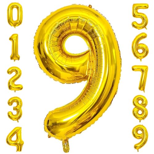 PatiCool Zahlen Luftballon 9 Gold, 40 Zoll Luftballons Geburtstag, Folienballon 9 Gold Geburtstagsdeko, Helium Ballons Zahlen für Kinder, Junge, Mädchen von PatiCool