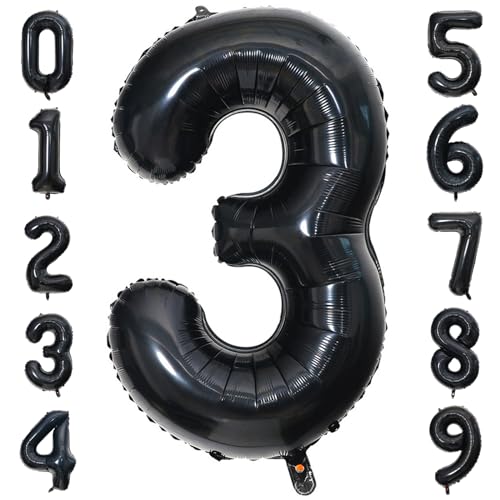 Zahlen Luftballon 3 Schwarz,Luftballons Geburtstag Schwarz 40 Zoll (100cm) Helium Ballons, Folienballon Geburtstagsdeko, Ballon Zahlen Jahrestag Deko für Kinder, Junge, Mädchen von PatiCool