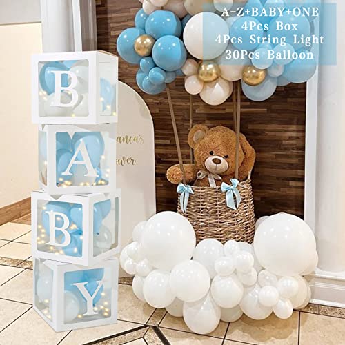 Babyparty Deko Box Junge, 30 Blau Weiße Luftballons, 4 Transparente Ballonboxen mit 4 Lichterketten und 33 Buchstaben (BABY+ONE+A-Z), Baby Shower Deko Boxen für Babyparty, Geburtstags, Gender Reveal von Patimate