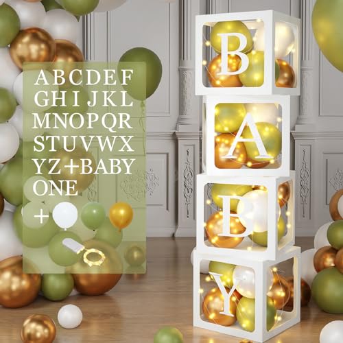 Babyparty Dekorationen, Baby Ballon Boxen mit 4 Lichterketten, 45 Grün Gold Weiß Luftballons und 33 Buchstaben (ONE + BABY+A-Z), Baby Boxen für Jungen und Mädchen Baby Shower Babyparty, Geschlecht von Patimate